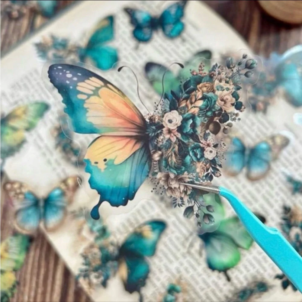 New! Blue, Green, & Teal Butterfly & Floral Moon Transparent Stickers Set of 30